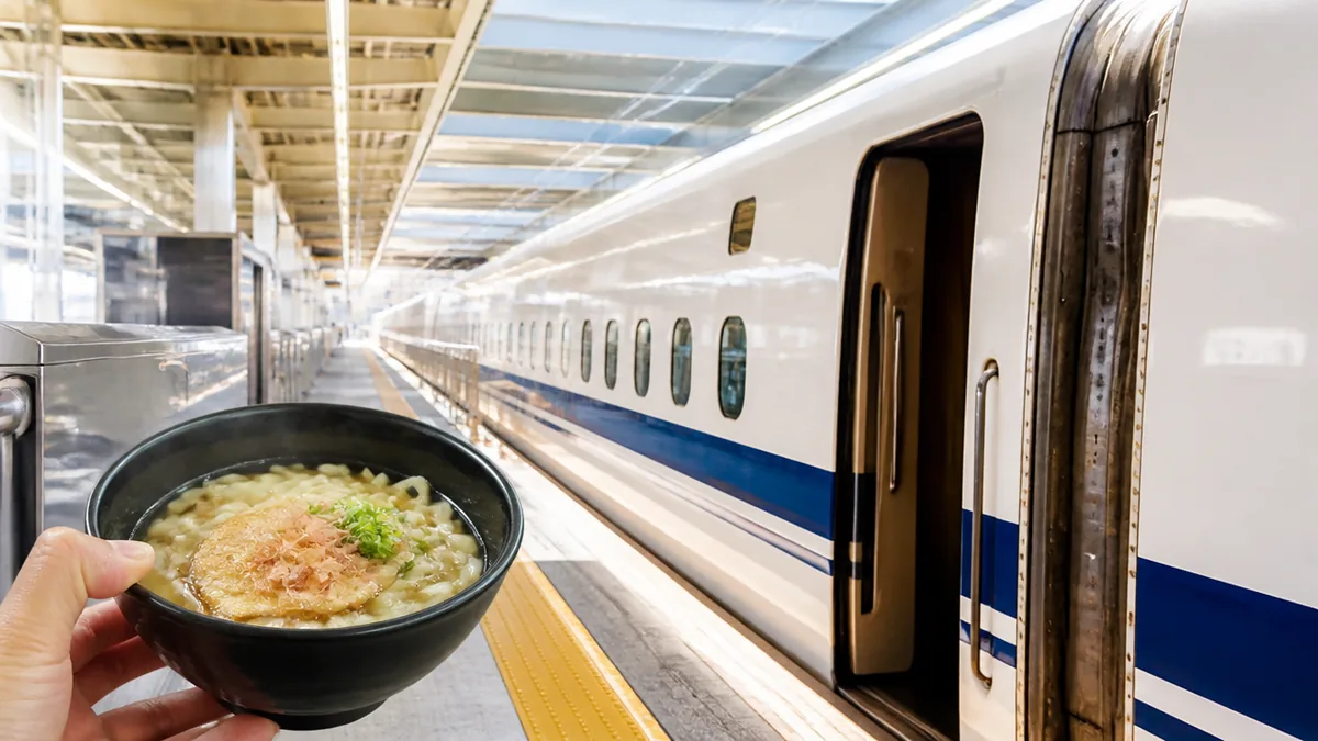 ホーム上の名物きしめん「住よし」は4号車と14号車が目印の解説画像